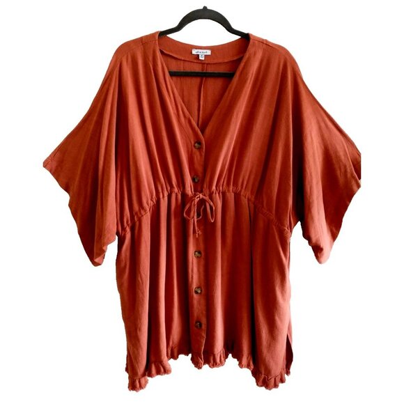 White Birch Mini Dress Beach Coverup Linen Blend Raglan Sleeves Pockets M/L - Picture 1 of 11